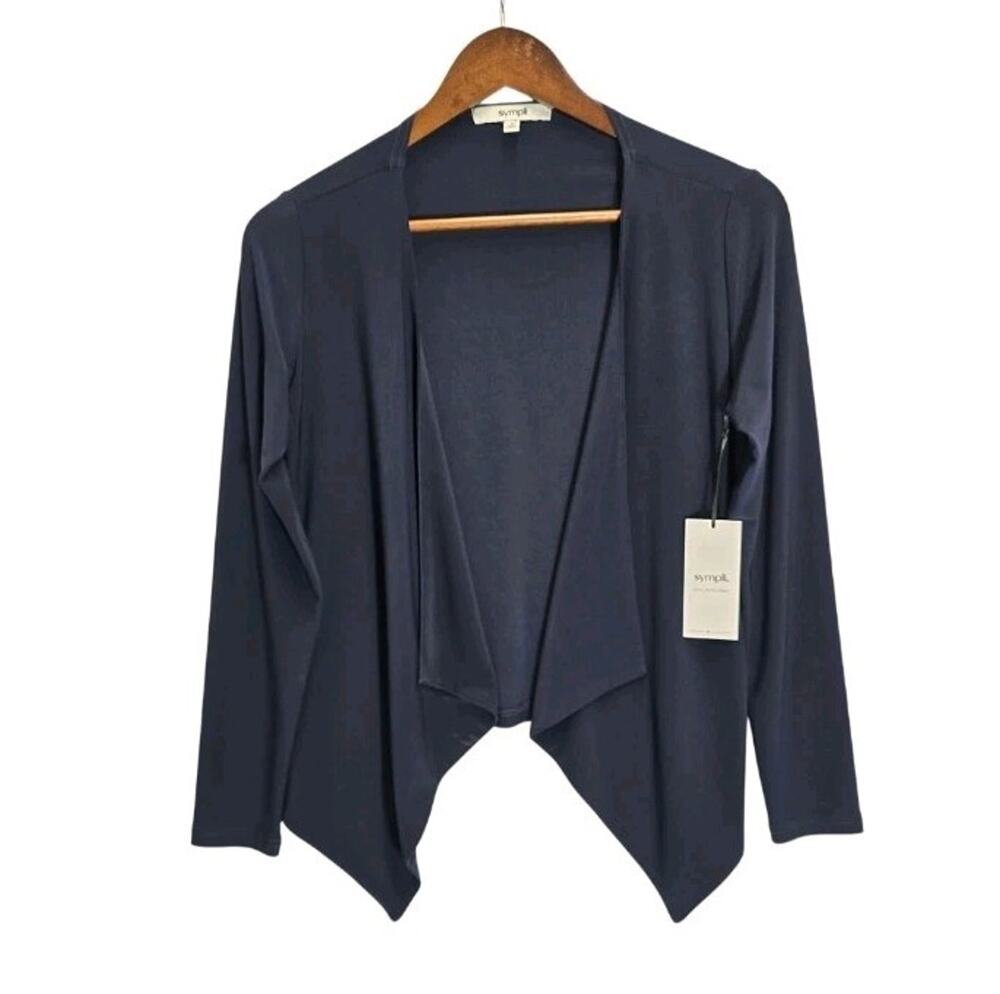 Sympli Navy Blue Jersey Key Cardigan 25134 Open Front Draped Jacket Size 4 NWT